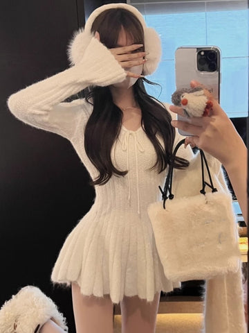 Vestido mini tipo suéter Y2K para mujer, con mangas acampanadas, cuello en V, cordones y cintura alta, liso, corte A, para fiesta de cumpleaños, Otoño e Invierno 