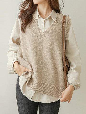 Suéter informal holgado sin mangas de color liso con cuello en V 