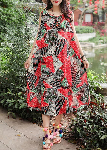 Bohemian red print cotton clothes Women sleeveless tie waist A Line summer Dresses
