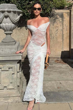Sexy Patchwork Backless Sheer Lace Slit Maxi Dress