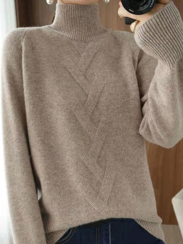 Casual Loose Long Sleeves Solid Color High-Neck Sweater Tops