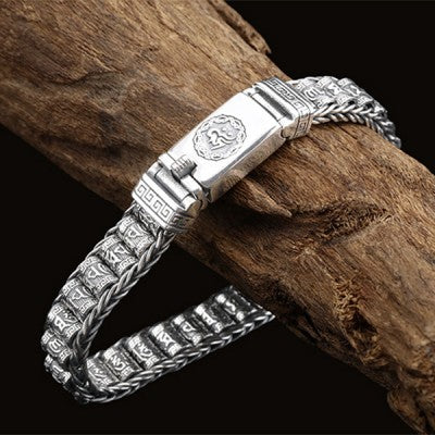 Pulsera de plata de ley con ruedas de oración y mantras budistas 