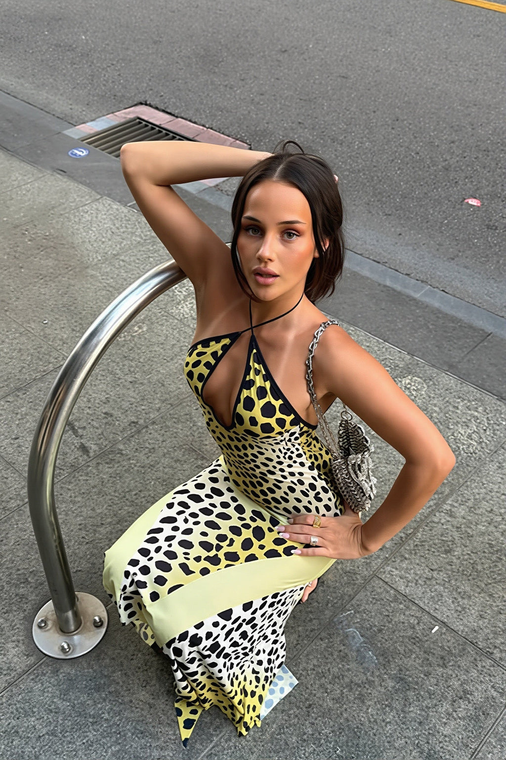 Sexy Leopard Halter Bust Cutout Back Slit Asymmetrical Maxi Dress
