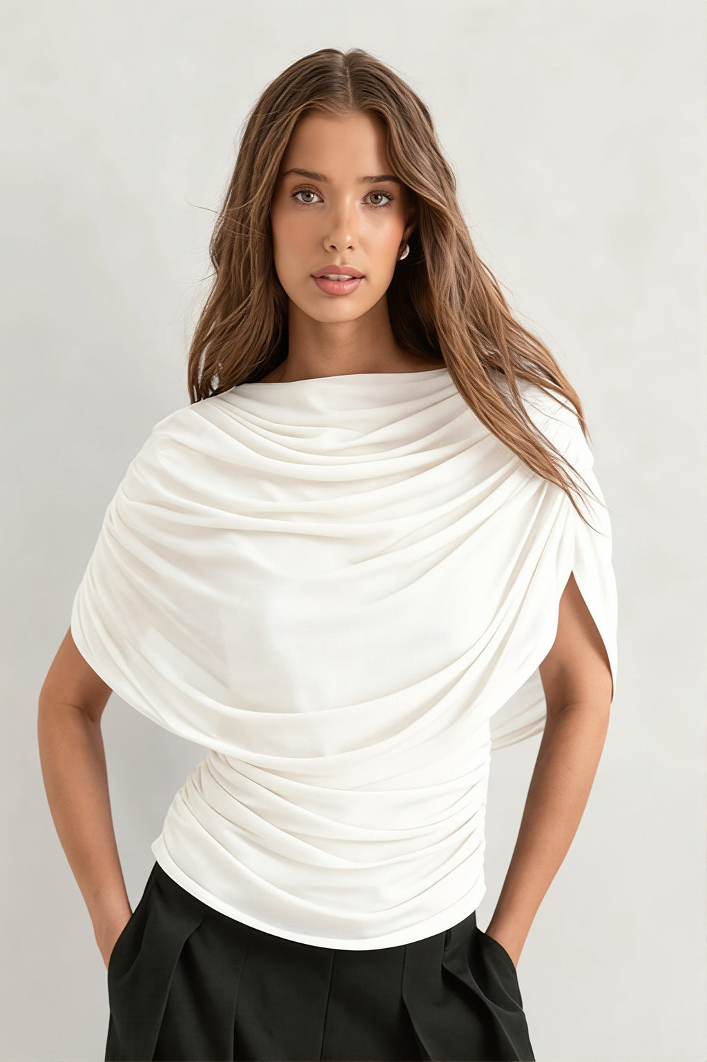 Solid Sheer Ruffle Scarf Neck Blouse
