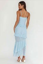 Flowy Solid Ruffle Slim Cami Maxi Dress