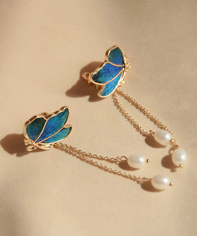 Gradient Color Blue Copper Overgild Pearl Tassel Butterfly Drop Earrings