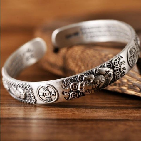 Sterling Silver Wealth Pixiu Heart Sutra Bracelet