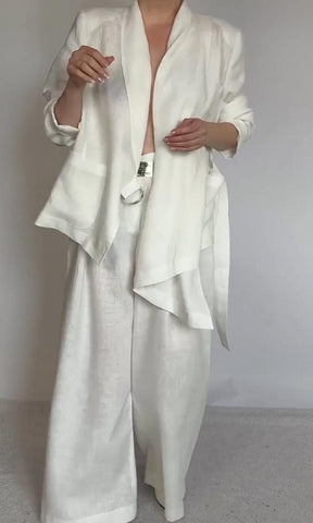 Conjunto cómodo de dos piezas de blusa y pantalón de lino y algodón para mujer 