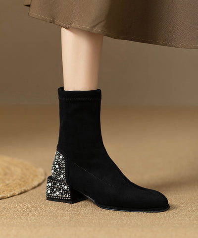 Stilvolle klobige Stiefel mit Zirkon-Spleißen aus schwarzem Wildleder 