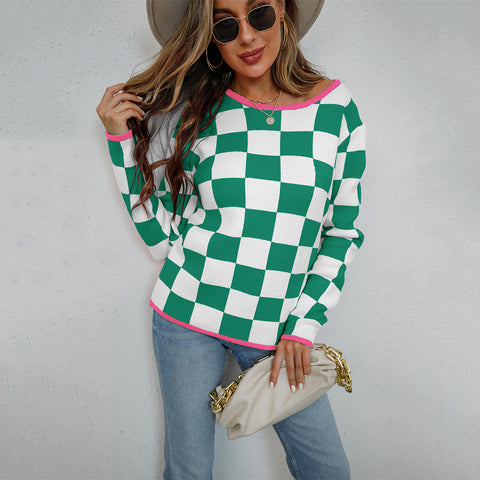 Frühherbst Pullover Plaid Colorblock Pullover Rundhals Top Strickwaren Bottoming Shirt 