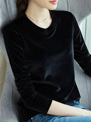 Spring Long Sleeve Loose Early Autumn T-shirt Women Gold Velvet Short Paragraph Bottoming Shirt New Fashion Top