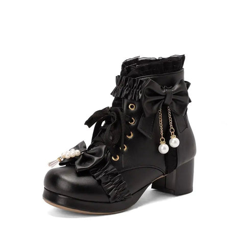 - Zapatos de Lolita de tacón grueso en rosa, blanco y negro con nudo de mariposa y perlas con cordones para mujer, bonitos botines de invierno de princesa para cosplay, talla 42 
