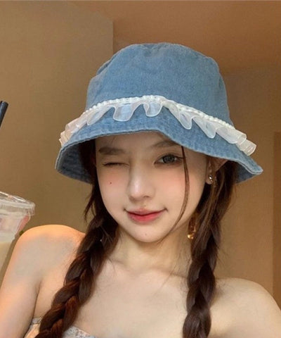 Sombrero de pescador vaquero con cuentas y encaje de moda, versátil 