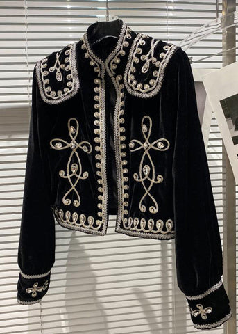 Nuevos abrigos de terciopelo de seda con patchwork de circonitas y cuello alto negro para otoño 