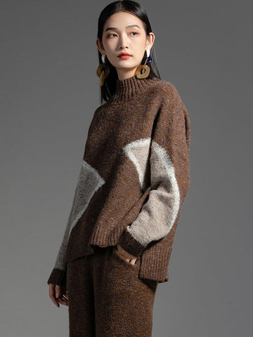 Casual Long Sleeves Loose Contrast Color Jacquard High-Neck Sweater Tops