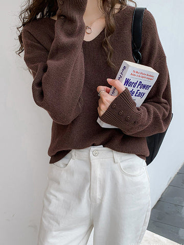Suéter informal holgado de manga larga con cuello en V y color liso 