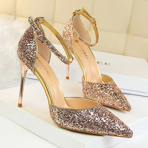 summer new European style stiletto heels shallow mouth pointed head sequins sexy nightclub show thin sandals for women