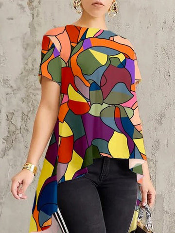 High-Low Loose Contrast Color Printed Round-Neck T-Shirts Tops