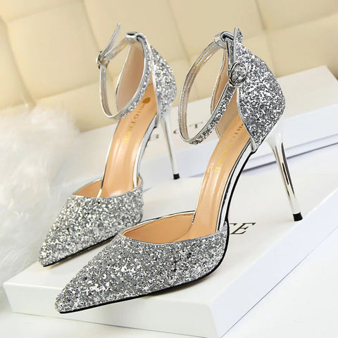 summer new European style stiletto heels shallow mouth pointed head sequins sexy nightclub show thin sandals for women