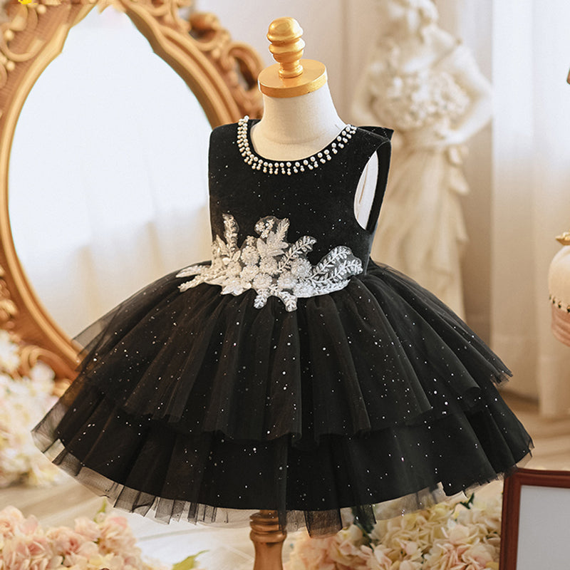 Babykleid für Mädchen, Kleinkindkleid für Kommunion, Partykleid, besticktes Geburtstagskleid, schwarzes Prinzessinnenkleid 