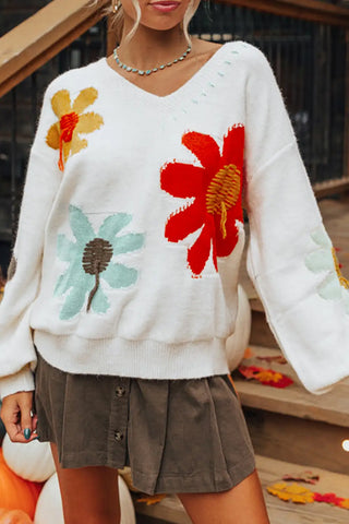 white floral v neck drop shoulder sweater