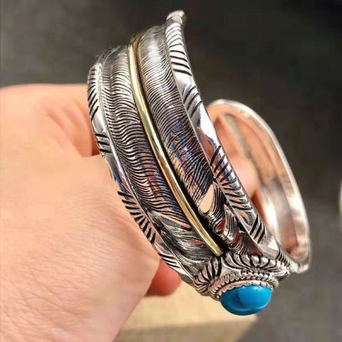 Sterling Silver Turquoise Feather Wide Cuff Bracelet