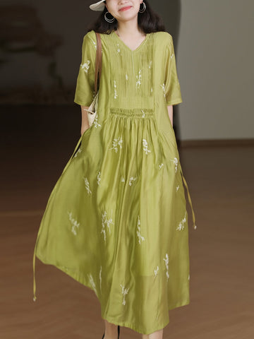 Women Summer Artsy Floral Embroidery Draped Drawstring Dress