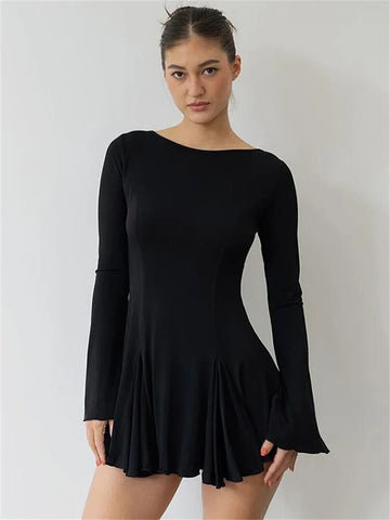 Tossy Rüschen Schnürung Rückenfreies Minikleid Für Frauen Langarm Bandage Elegante Hohe Taille Langarm Kleid Neue Feste Kleidung 