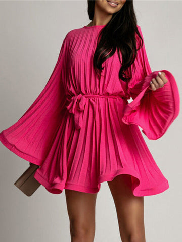 Skater Dresses Jewel Neck Long Sleeves Lace Up Chic Flared Dress Mini Dresses
