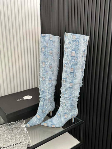 Sexy Overknee-Stiefel für Damen, Chelsea-Booties, spitze Zehenpartie, blau, schwarz, weiß, Jeansstoff, Winterschuhe, Schlupfstiefel für den Herbst 
