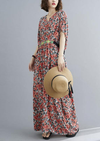 Style Red Print Button Summer Cotton Dress