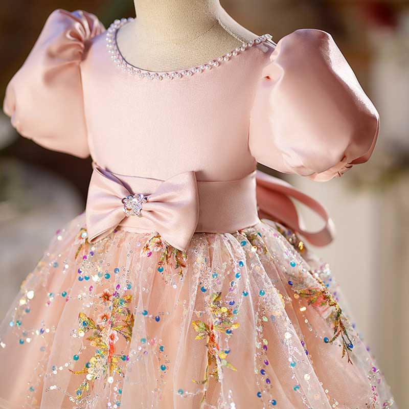 Vestido para niña pequeña, vestido de fiesta de cumpleaños con lentejuelas y lazo, vestido de comunión de malla 