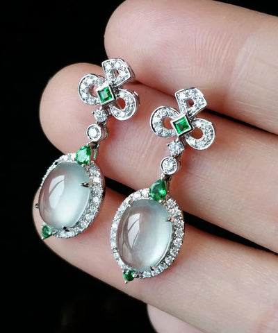 Chic Green Sterling Silver Zircon Jade Stud Earrings