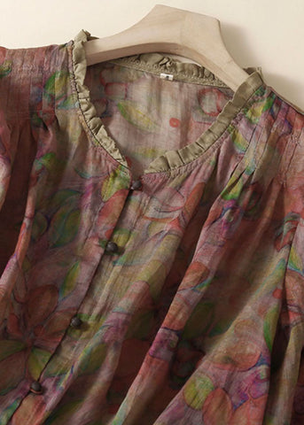 Bio Lila Print Rüschen Patchwork Leinen Tops Sommer 