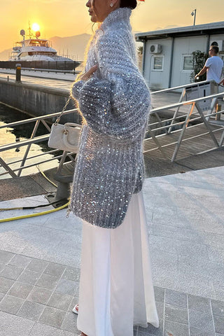 Warme, glänzende Herz-Strickjacke mit Pailletten, Ballonärmeln, Reißverschluss am Hals und lockerem Schnitt 