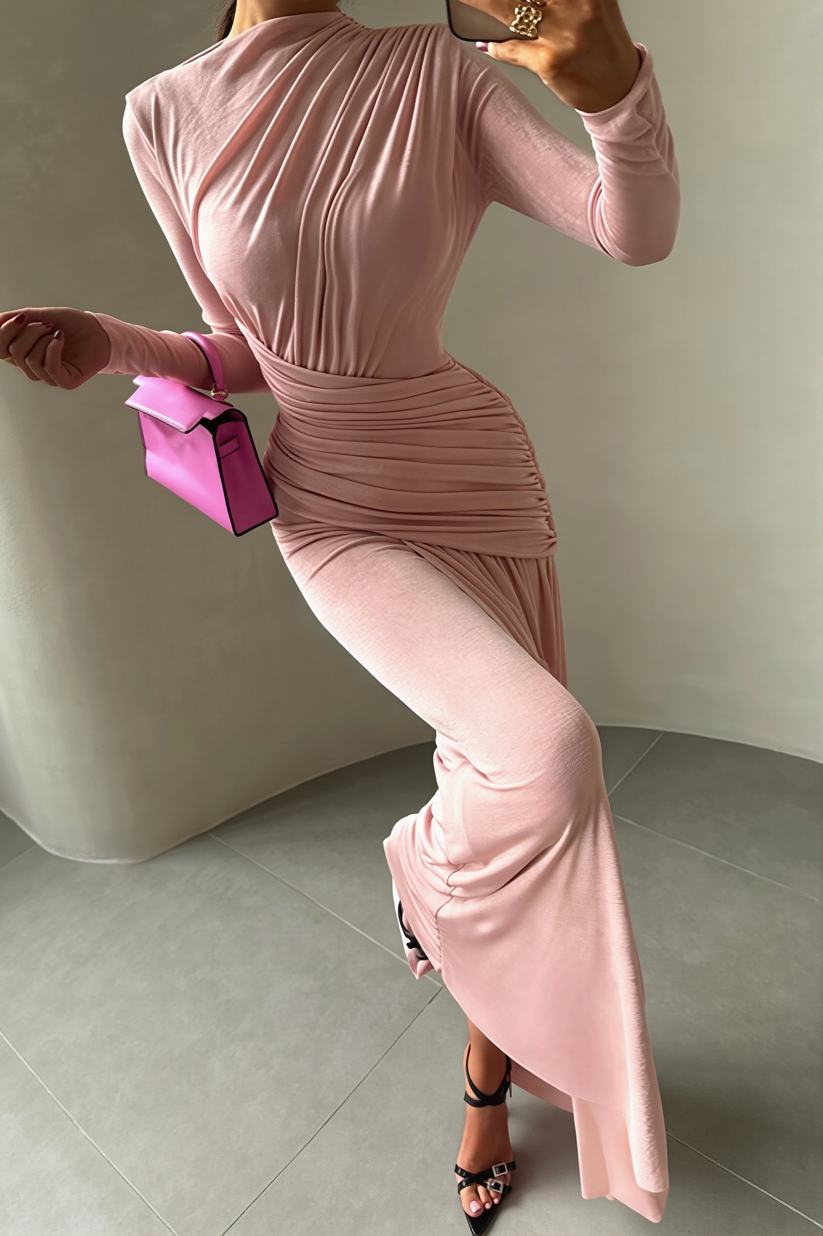 Simple Solid Long Sleeve Maxi Dress