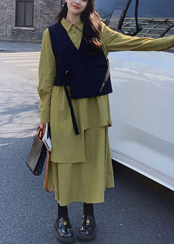 Conjunto de dos piezas de chaleco negro y vestido largo verde con patchwork francés y manga larga 