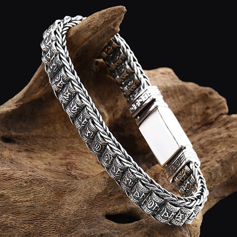 Pulsera de plata de ley con ruedas de oración y mantras budistas 