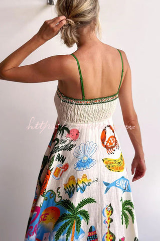 Holiday Paradise Maxikleid aus Leinenmischung mit einzigartigem Druck und gesmokten Gesäßtaschen 