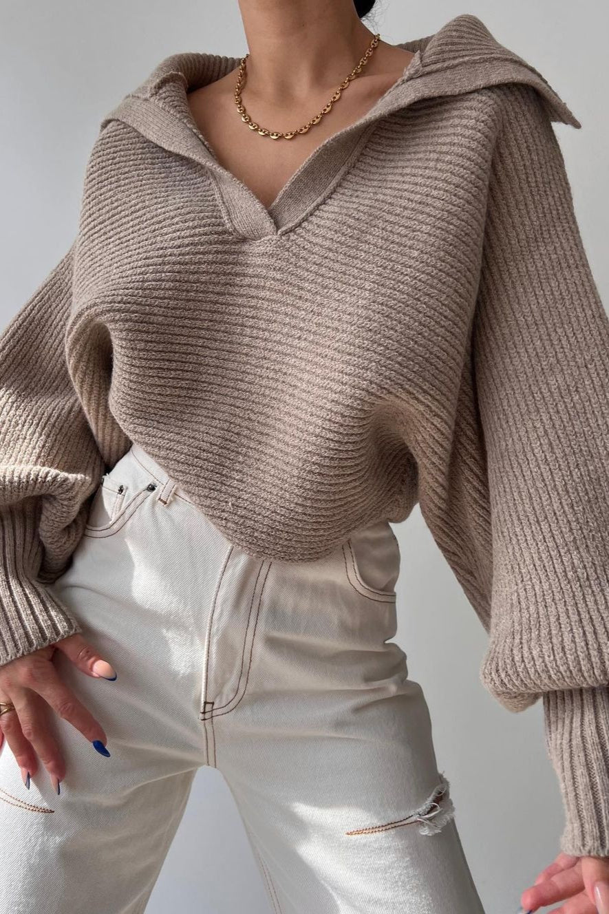 Lantern Sleeve Open Collar Knit Sweater