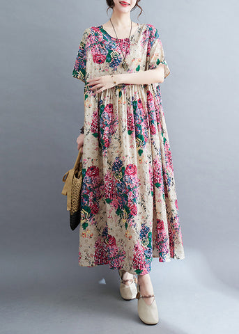 Boho Apricot Oversized Floral Extra großer Saum Baumwolle Urlaubskleid Sommer