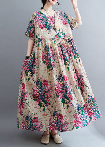 Boho Apricot Oversized Floral Extra großer Saum Baumwolle Urlaubskleid Sommer