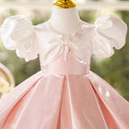 Niedliches rosa Blumenmädchenkleid mit Puffärmeln und Schleife für Babys und Kleinkinder, ideal für die Erstkommunion 