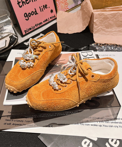 Chic Splicing Flats Lila Wildleder Lace Up Perle Zirkon 