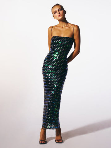 Sparkle Maxi Dress Spaghetti Straps Backless Sequins Prom Dresses
