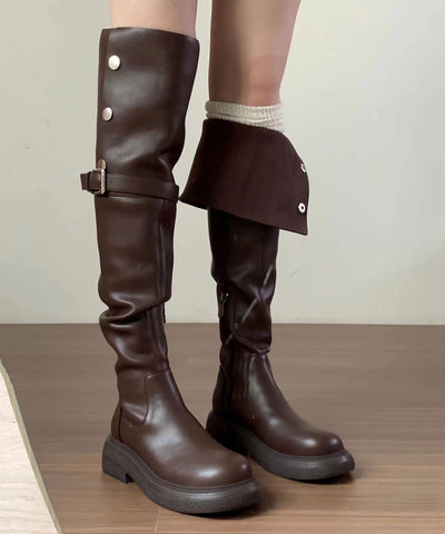 Neue vielseitige braune Kniestiefel aus Kunstleder mit Spleiß 