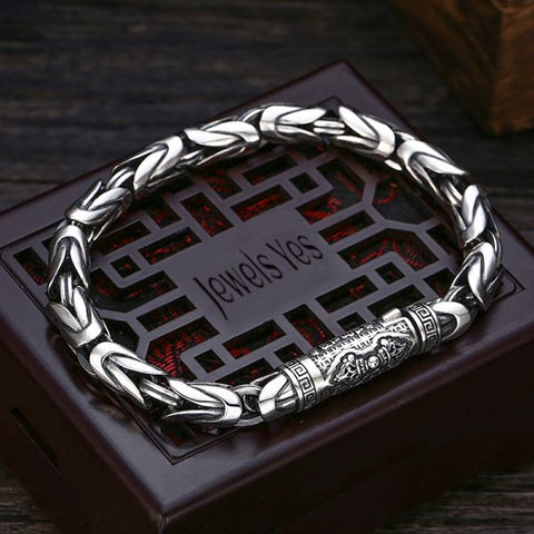 Sterling Silver Six Character Truth Vajra Clasp Byzantine Bracelet