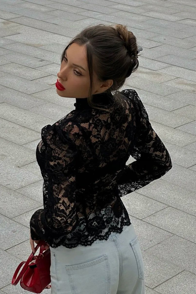 Lace Puff Sleeve Stand Collar Elegant Blouse