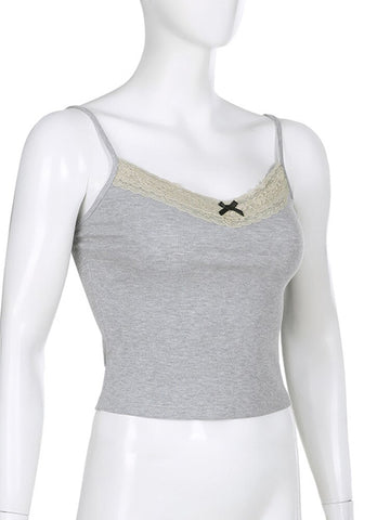 Y2k Bow Strick Crop Top Spitze V-Ausschnitt Mini Weste Damen Niedlich Basic Camis Harajuku Grau Sweats Chic Ästhetisches Koreanisches T-Shirt 
