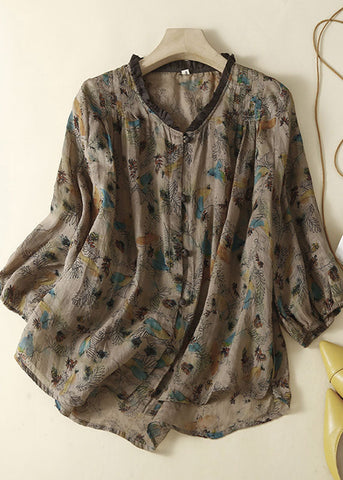 Bio Lila Print Rüschen Patchwork Leinen Tops Sommer 